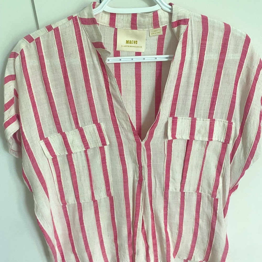 Maeve Crop Linen-Like Shirt - Pink & White